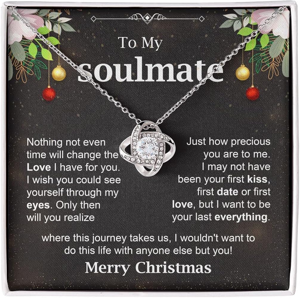 To My Beautiful Soulmate Love Knot Necklace From Boyfriend Jewelry Gift Box for Her Present for Birthday Happy Anniversary Valentine’s Day for Wife Merry Christmas Necklace for Women. (14k White Gold Finish Sterling Silver Necklace)