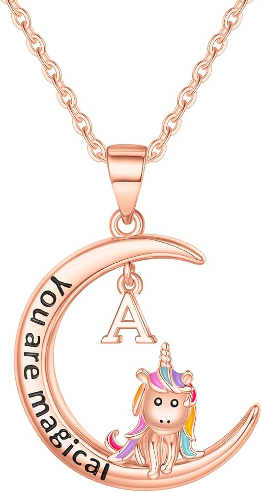 Unicorns Gifts for Girls Necklace, 14K Gold/White Gold/Rose Gold Plated CZ Unicorn Necklace for Girls Little Girls Moon Pendant Letter Initial Necklace for Teen Girls Unicorn Gifts for Girls Jewelry