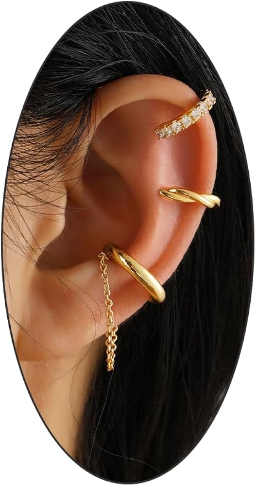 Gold Non Pierced Ear Cuffs Set for Women Teen Girls,Silver Cubic Zirconia Tassel Chain Helix Ear Clip,Dainty Simple Fake Cartilage Earrings