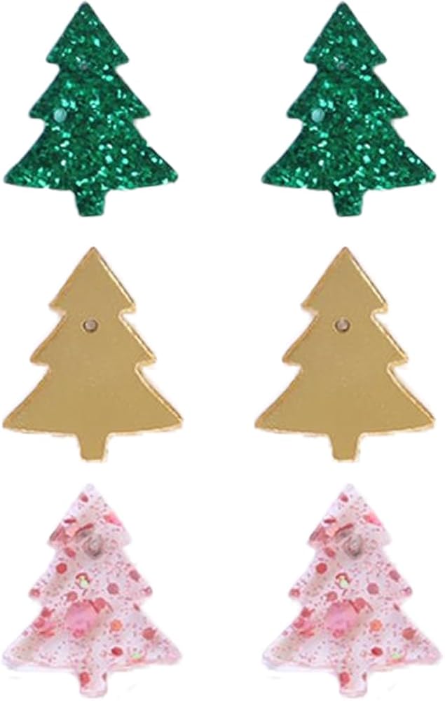 Cute Small Christmas Tree Stud Earrings for Women Girls Acrylic Layered Green Candy Color Tragus Post Piercing Studs Earring Sparkle Xmas Birthday Holiday Winter Party Jewelry Gifts for Daughter Niece Y2K 3 pairs