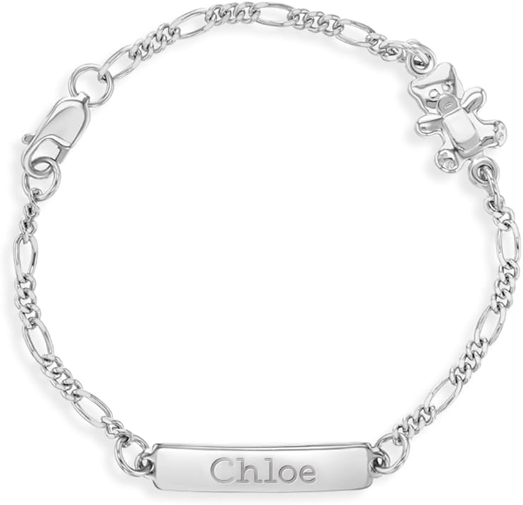 925 Sterling Silver 5" Teddy Bear Identification Bracelet for Babies & Toddlers - Cute Name Tag ID Bear Bracelets for Young Girls - Fashionable Link Chain ID Bracelet for Babies