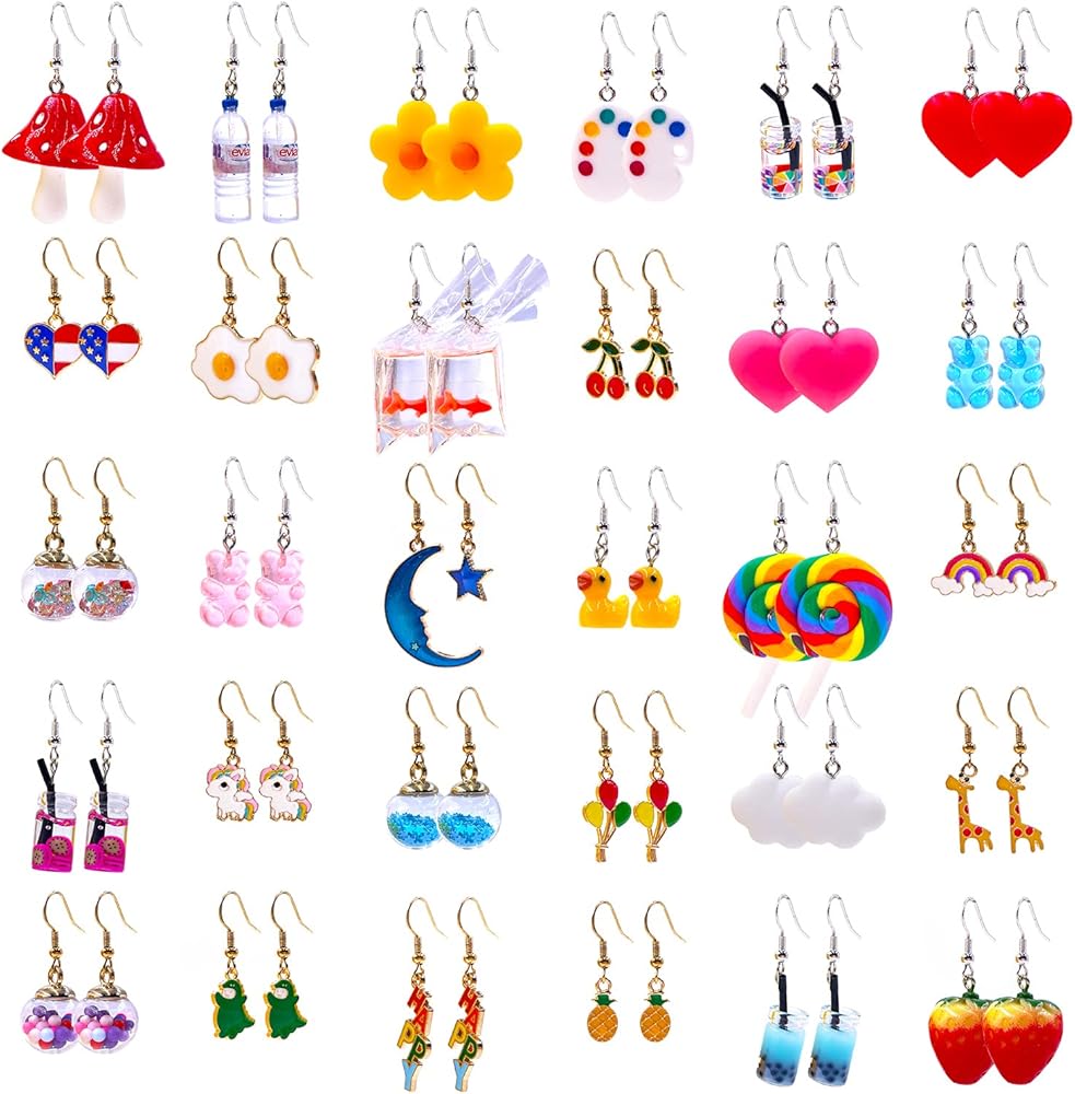 30 Pairs Cute Weird Earring Funny Goldfish Water Bottle Milk Tea Dangle for Girls Women Teen Kawaii Eardrop Cool Creative Quirky Rainbow Indie Duck Mushroom Bear Cloud Flowers Dinosaur