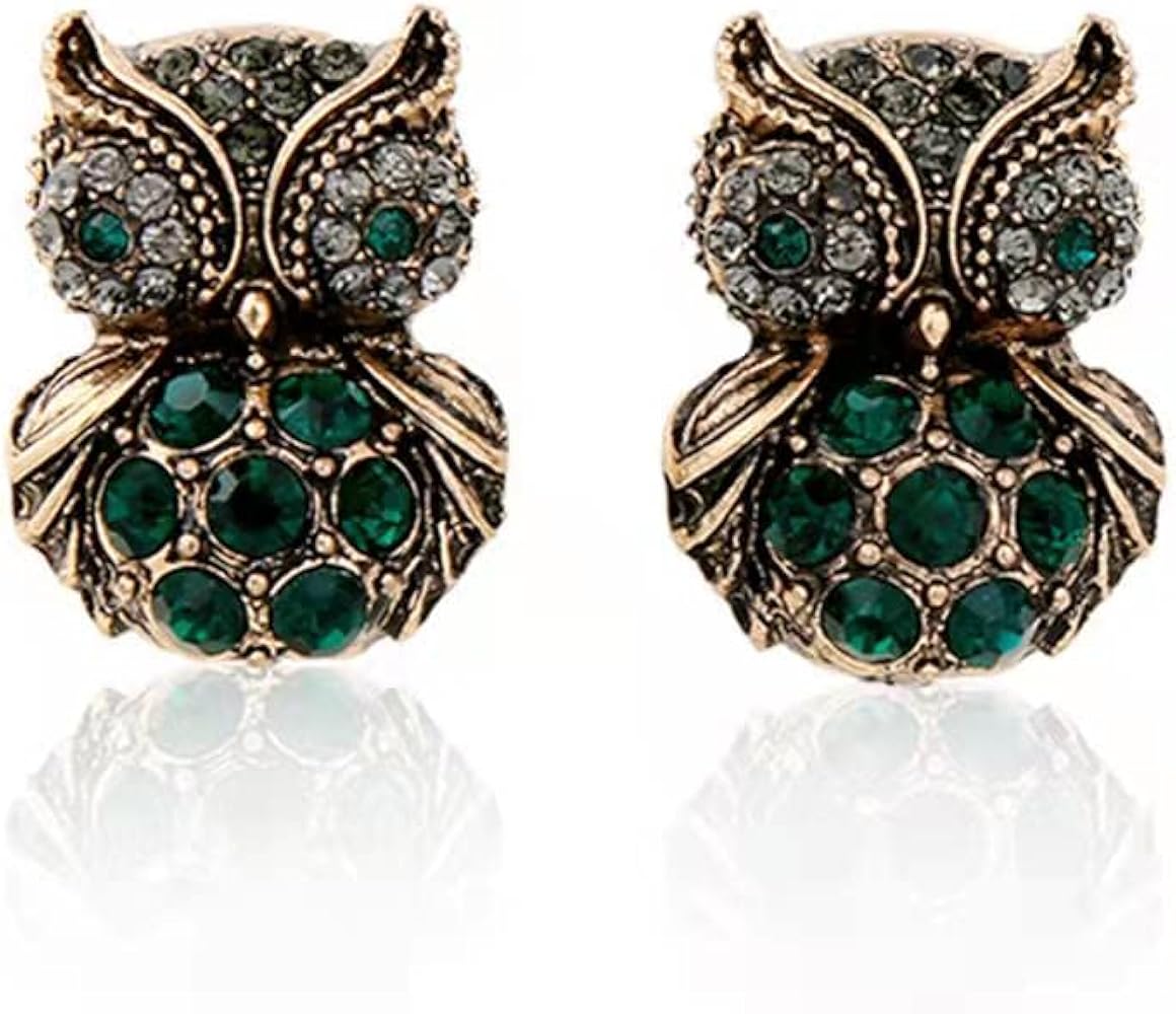 Rofeego Owl Antique Stud Earrings / Gifts for Owl Enthusiast / Pave Green Crystal