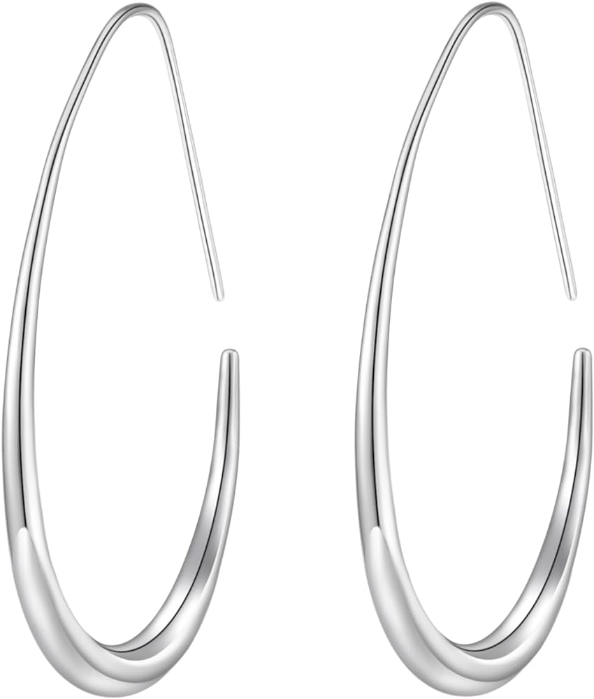 Lightweight Teardrop Hoop Earrings for Women - 14k Gold/White Gold Plated Large Oval Pull Through Hoop Earrings High Polished Statement Jewelry Gift for Women Teen Girls