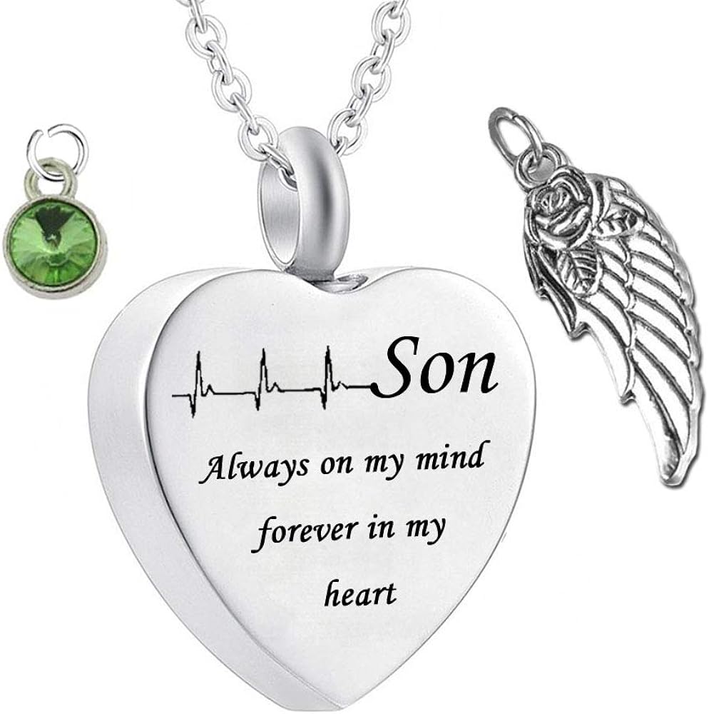 weikui Heart Cremation Urn Necklace for Ashes Urn Jewelry Memorial Pendant with Fill Kit - Always on My Mind Forever in My Heart for Son