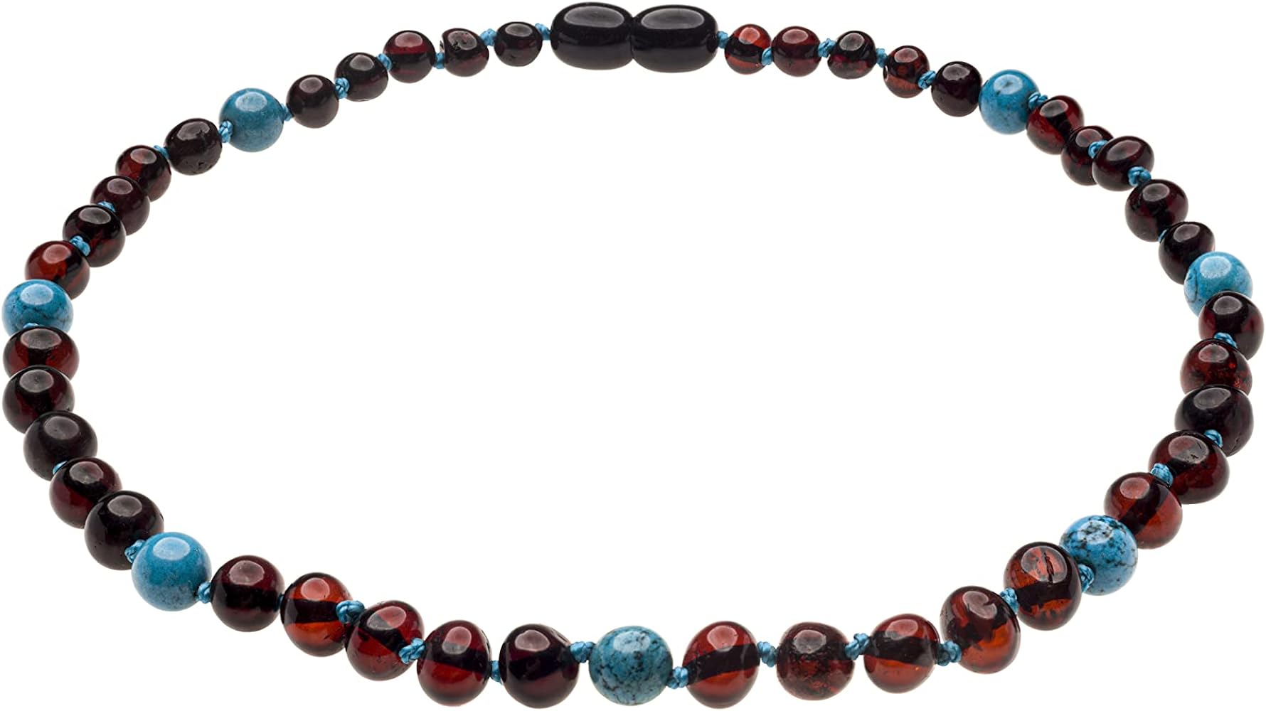 Genuine Amber Necklace From Baltic Sea Made With Polished Cherry & Turquoise 33 cm (13 Inches)