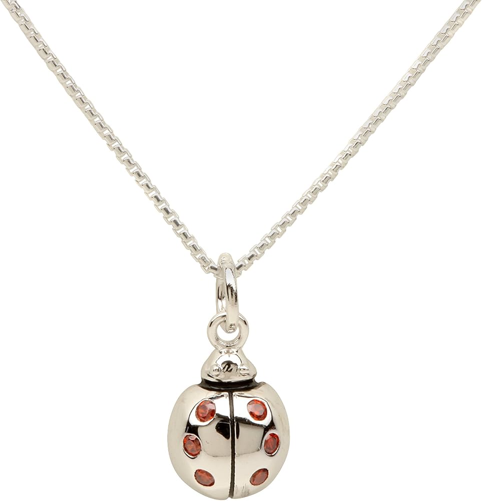 Children's Sterling Silver Ladybug Pendant Necklace with Red CZs, 14"