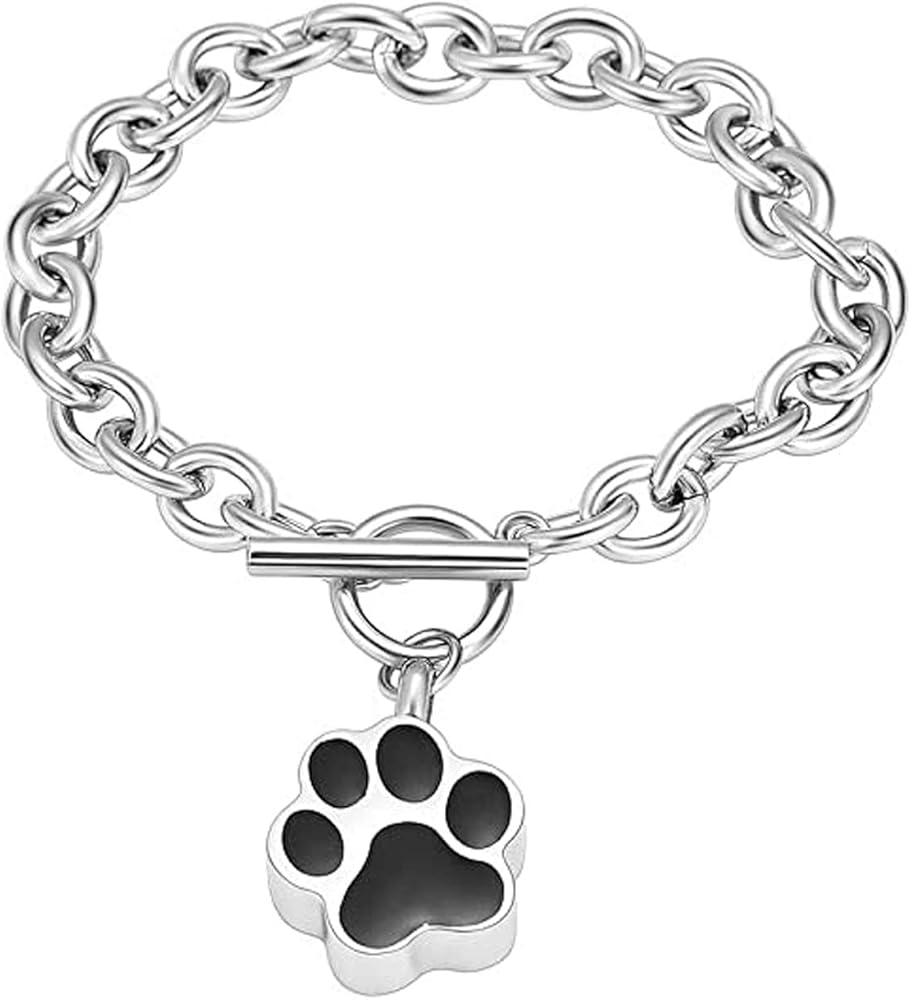 Dog Paw Print Cremation Jewelry for Ashes Memorial Urn Bangle for Pet Stainless Steel Urn Bracelet Ashes Holder