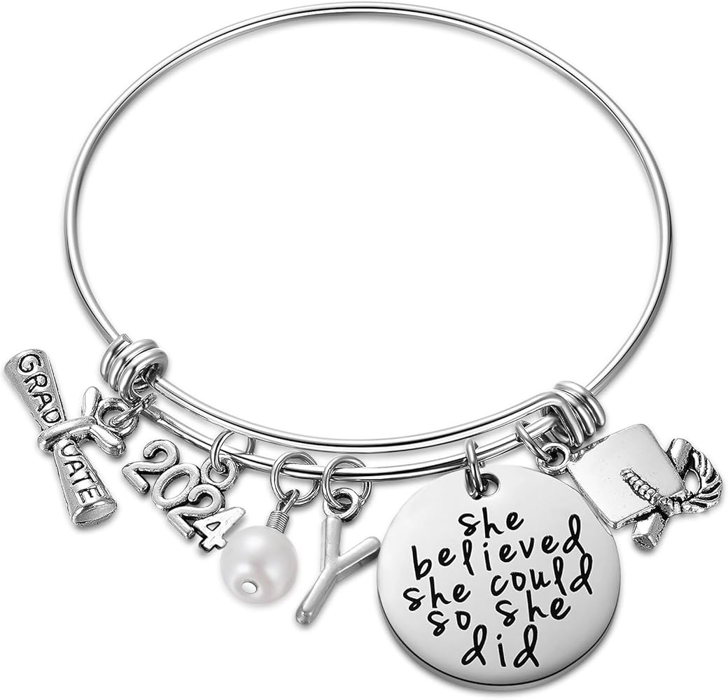 Class of 2024 Graduation Gift - Senior 2024 Graduate Bracelet - Inspirational Graduation Gifts for Her - 26 Initial Charm Bracelets for College High School Girls