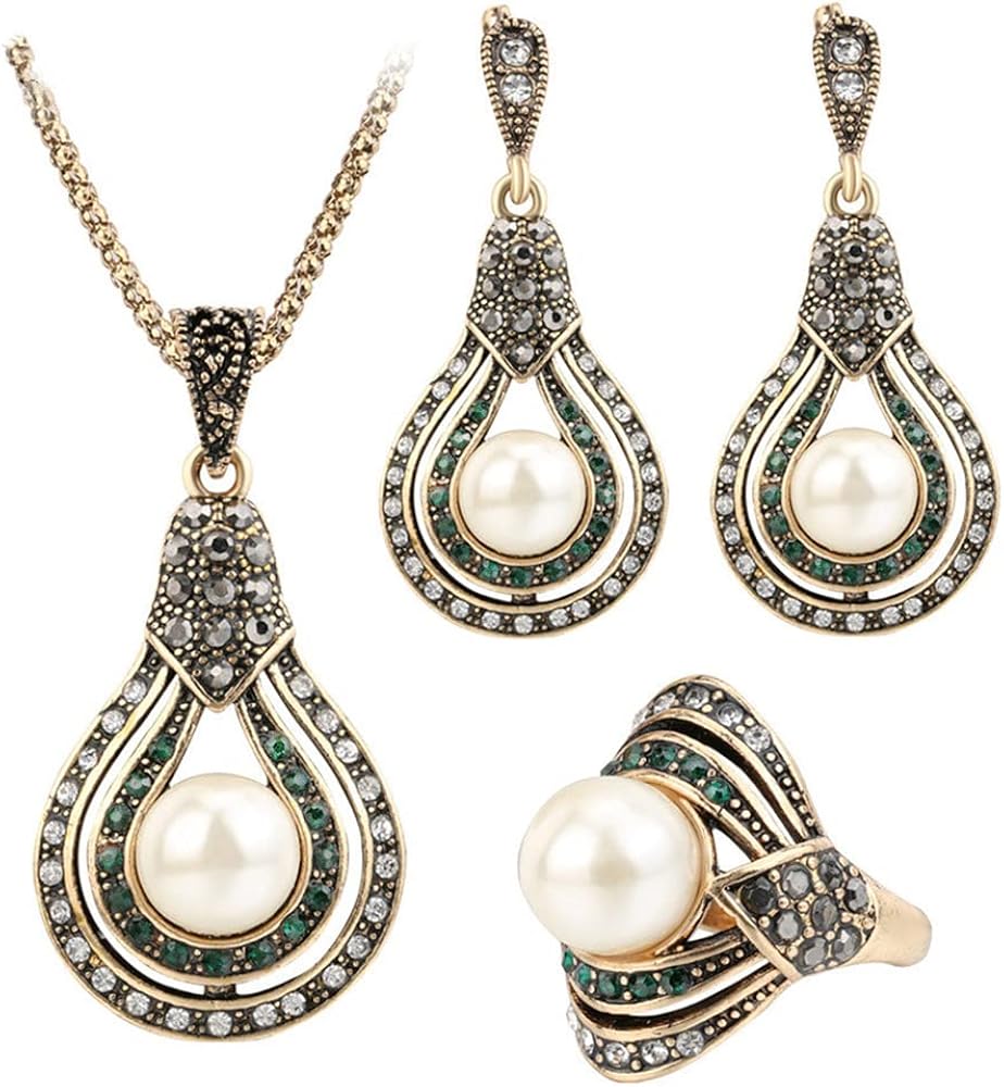 Dtja Vintage CZ Pearl Earrings Teardrop Pendant Necklace Jewelry Set for Women Girls Gold Plated Faux Pearls Boho Wedding Cocktail Party Christmas Anniversary Jewelry Gifts