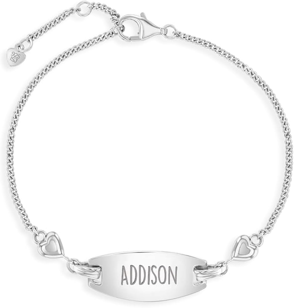 925 Sterling Silver Adorable Heart Tag Identification Bracelet For Toddler Girls To Teens - Beautiful Name Plate ID Bracelets For Young Girls - Heart Shaped Bracelet For Girls Engraved Name