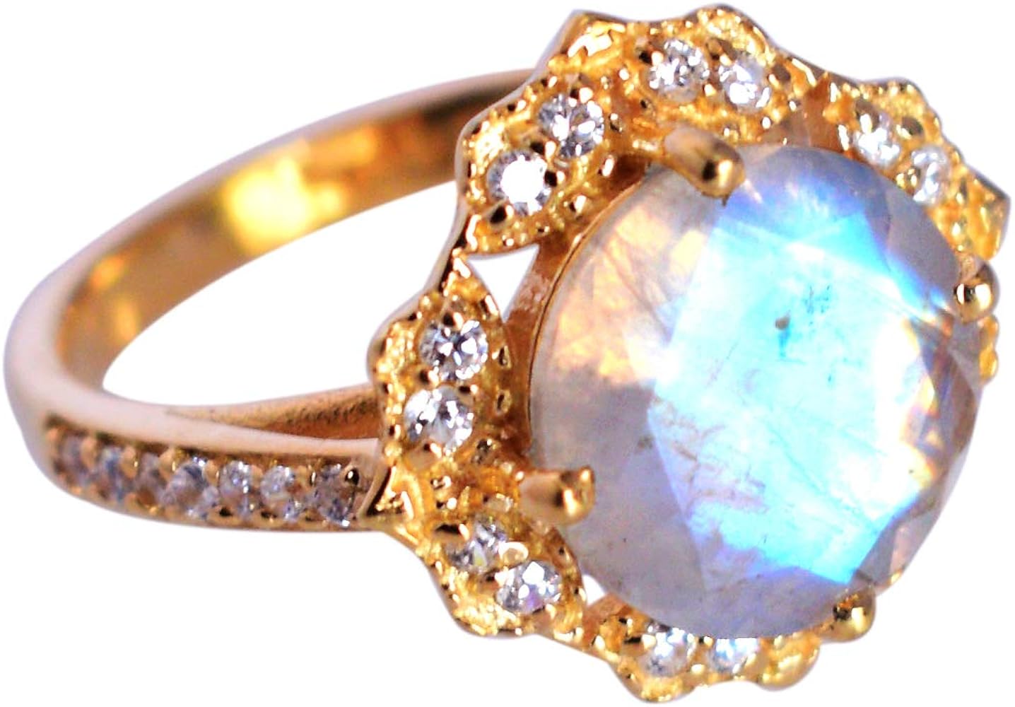 Excellent Quality Rainbow Moonstone & White Topaz Gemstone 925 Solid Sterling Silver Ring Designer Jewelry Gift For Her