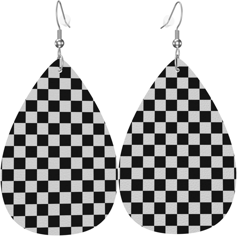 Black And White Plaid Women'S Leather Earrings Lightweight Drop Shape Girls Fashion Black And White Plaid Earrings Pendants