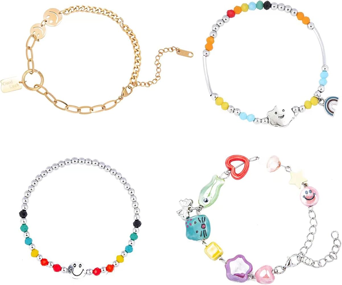 Janhavi Cute Preppy Bracelets Sets Aesthetic Colorful Smiling Face Heart Stars Cat Rainbow Clay Beads Stackable Bracelets Summer Y2K Cool Trendy Boho Charm Bracelets Jewelry Stuff for Teen Girls Women