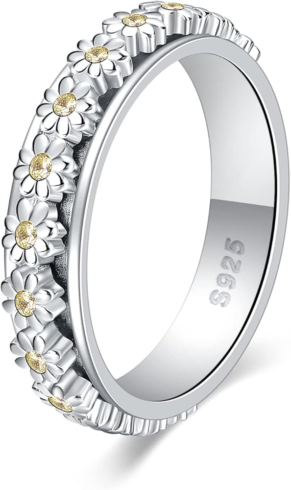 Daisy Anxiety Spinner Ring 925 Sterling Silver You Are My Sunshine Flower Fidget Ring for Anxiety Worry Relieving Boredom ADHD Autism Daisy Jewellery Gifts for Women Teens Girls