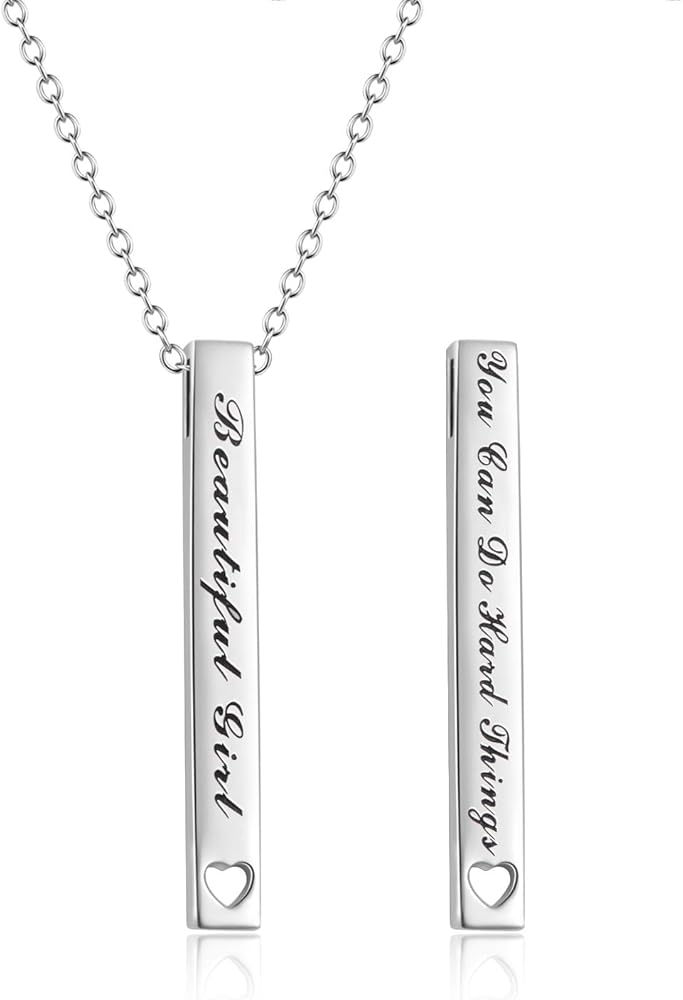 925 Sterling Silver Vertical Bar Necklace Engraved Message Inspirational Jewelry Gifts for Women