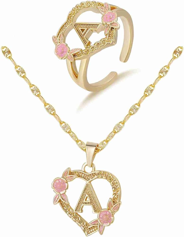 A Initial Necklaces for Girls Gold Letter M Heart Pendant Flower Necklaces Initial Rings with Rose Gift Box Set