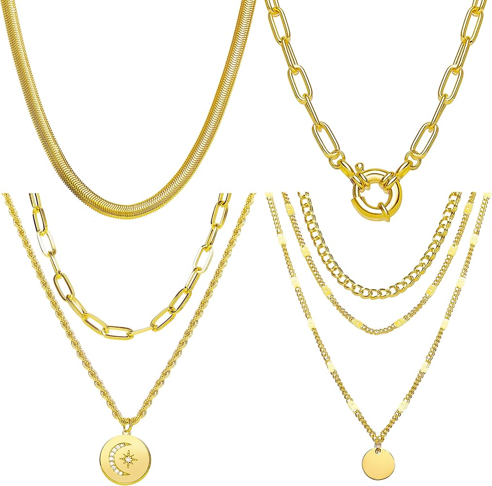 ÌF ME 4 Pcs Gold Chain Necklaces for Women Layered Gold Necklace Set Pendant Paperclip Snake Chain Necklace for Girls Jewelry