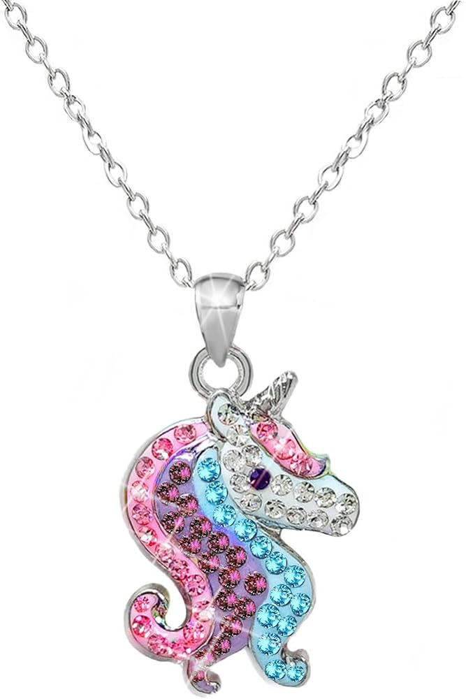 The Noodley Sparkles Crystal Rainbow Unicorn Necklace for Girls Pendant Jewelry for Women, Christmas Gift in Box, 18 inch chain