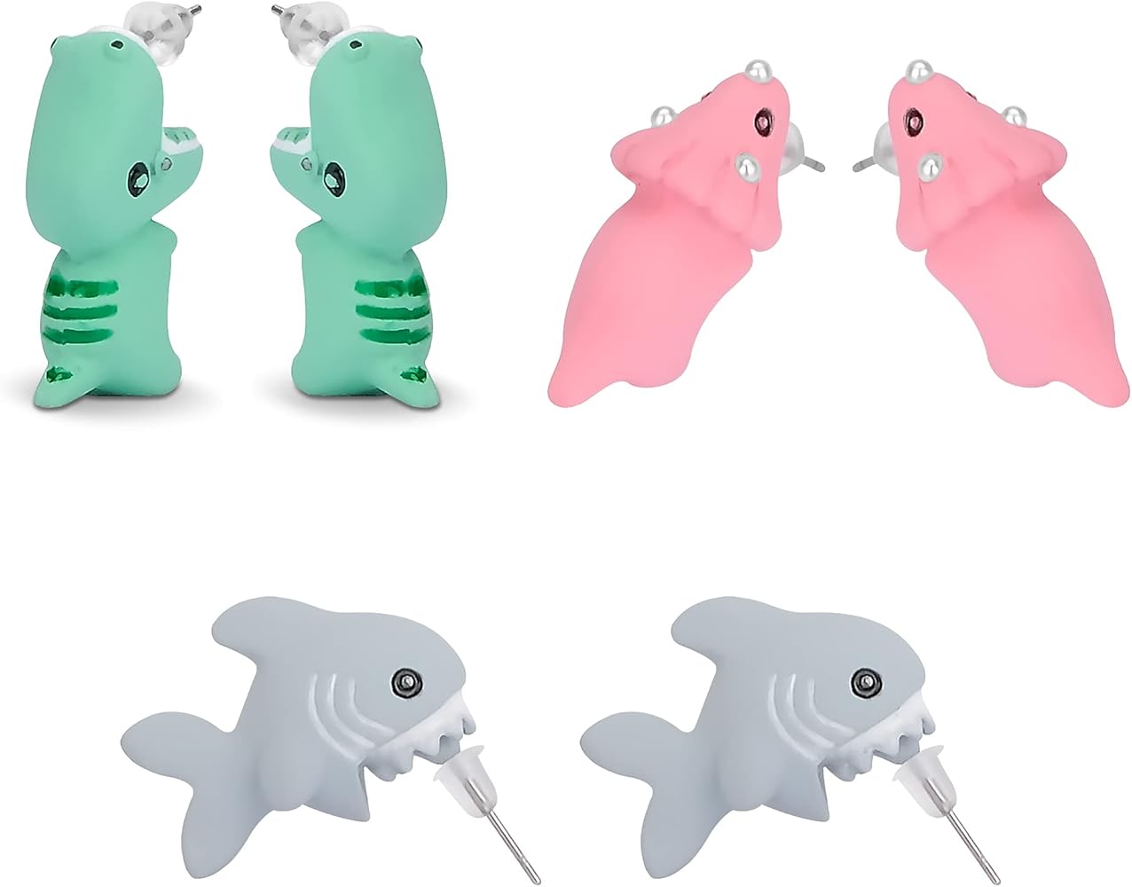 3 Pair Cute Animal Bite Earrings - 3D Dinosaur Shark Biting Ear Studs - Simple Clay Ear Rings Decors for Girls (PX-ABE-3)