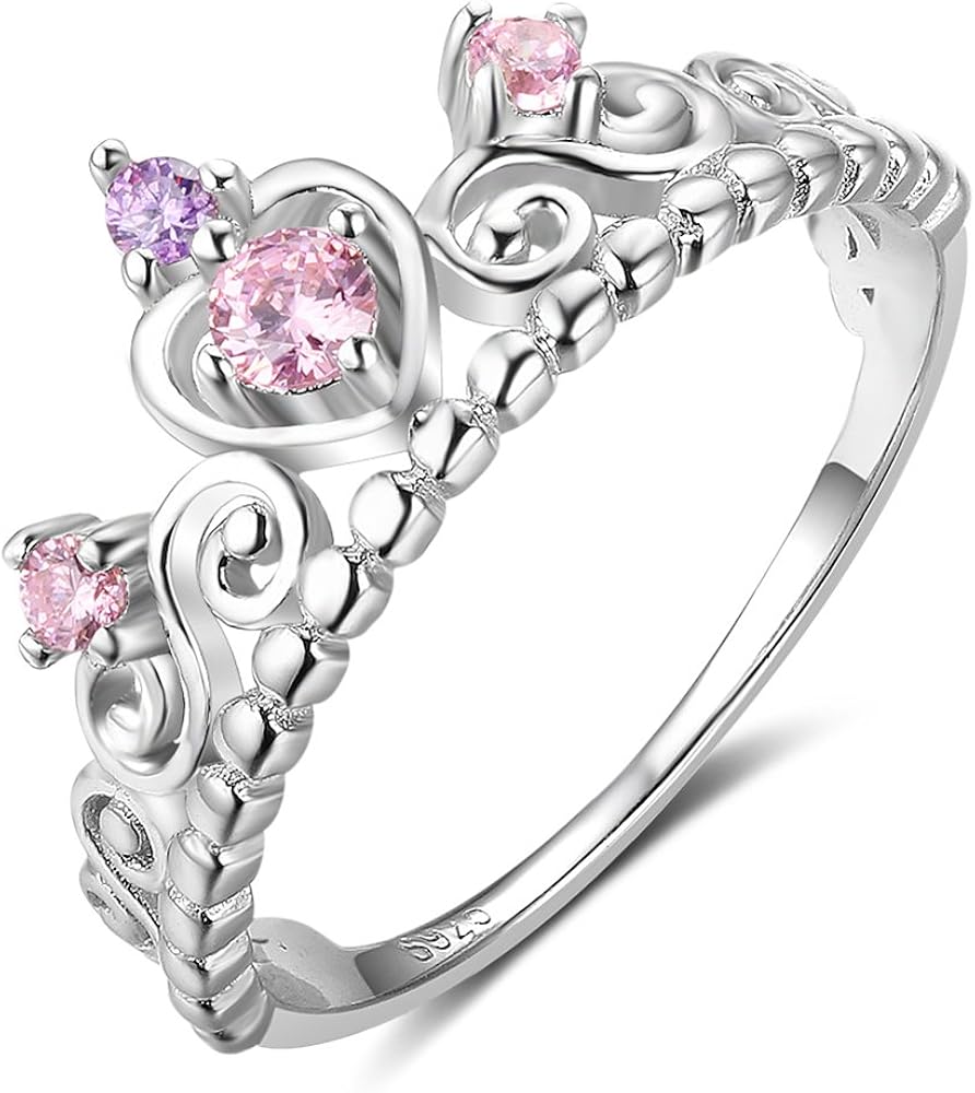 Furious Jewelry 925 Sterling Silver Princess Heart Crown Pink & Purple CZ Band Ring, Size 6 7 8