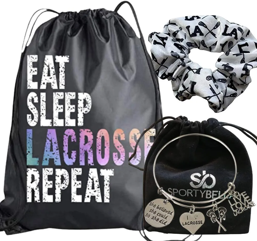 Infinity Collection Lacrosse Gift Bundle, Girls She Did Bangle Bracelet, Drawstring Bag and Scrunchie Gift Set, Girls Accessories, Premium Lacrosse Scrunchie For Lacrosse Players and Teams