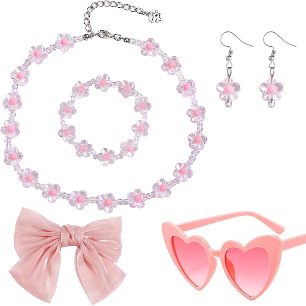 4 Pcs Women Hair Bow Clip Pink Sunglasses Flower Necklace Earrings Set Pink Costume Cosplay Dress Up Accessories for Women Girl