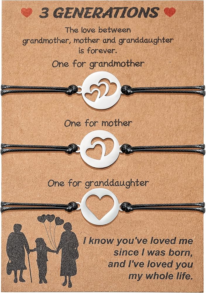 3 Generation Bracelets Mother’s Day Gifts for Grandma from Granddaughter Adjustable Matching Cutout Heart Wish Bracelet Memento Jewelry Sets Grandmother Mom Mommy Daughter Family Women Girls