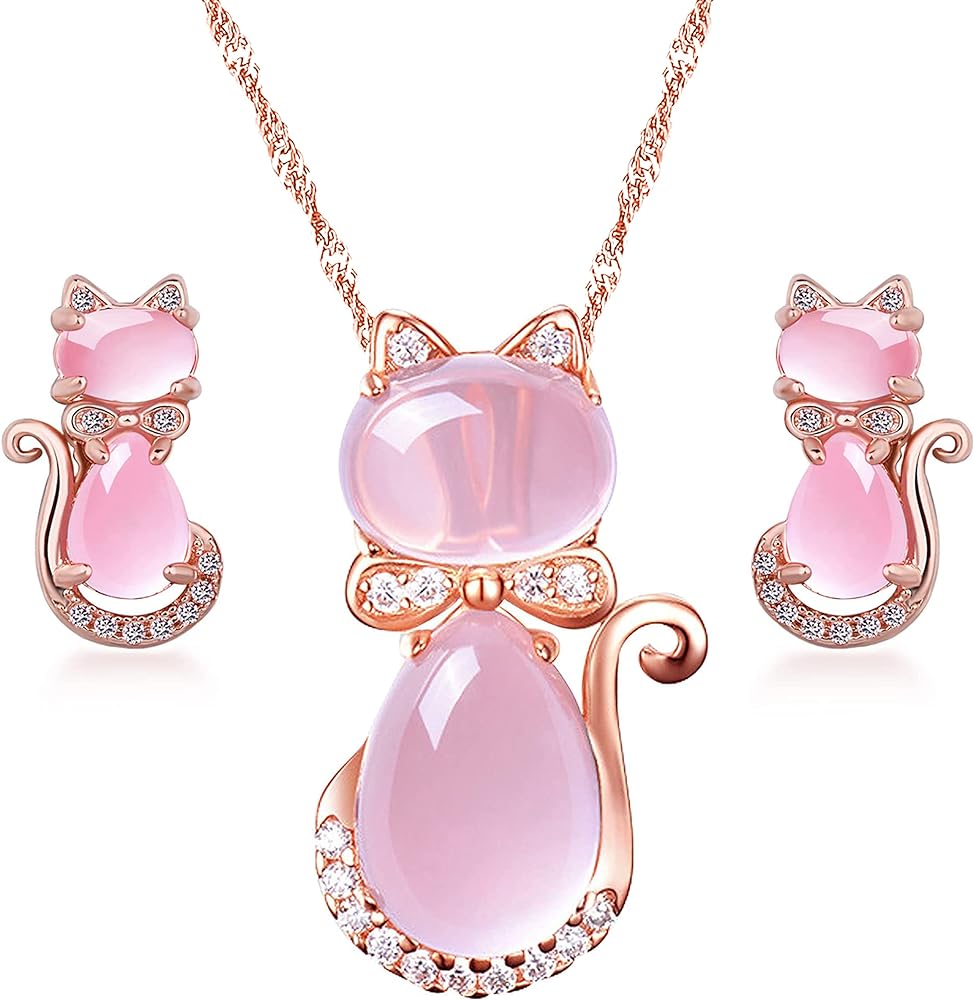 Uloveido Cute Cat Shape Pink CrystaL Studs Earrings and Pendant Necklace for Teen Girls Y404