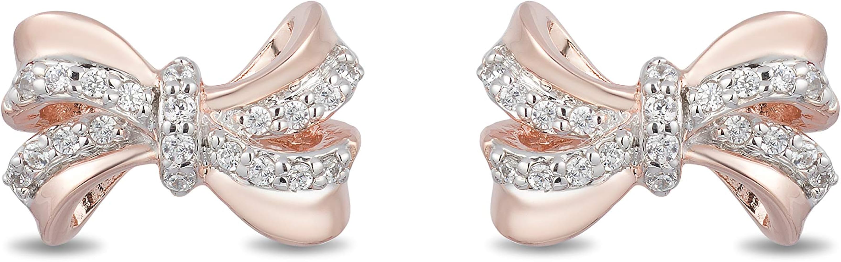 Jewelili Enchanted Disney Fine Jewelry 10K Rose Gold 1/10 CTTW Diamond Snow White Bow Earrings