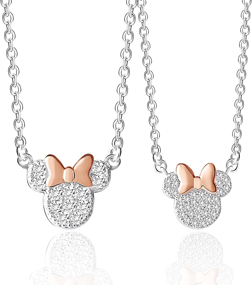 Disney Minnie Mouse Silver Plated Cubic Zirconia Mommy & Me Necklace Set - Minnie Mouse Necklace for Mom and Daughter Jewelry