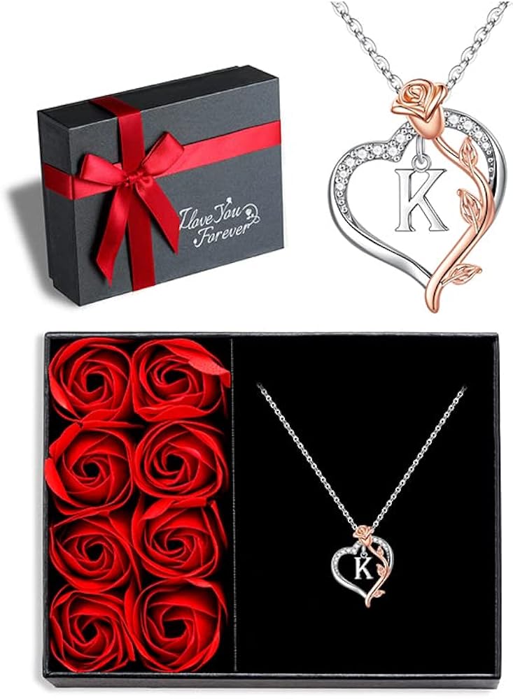 M MOOHAM Rose Heart Necklaces for Women Girls - Heart Initial Pendant Necklaces for Women Teen Girls Jewelry Christmas Valentines Anniversary Birthday Gifts for Her Mom Wife Girlfriend Daughter