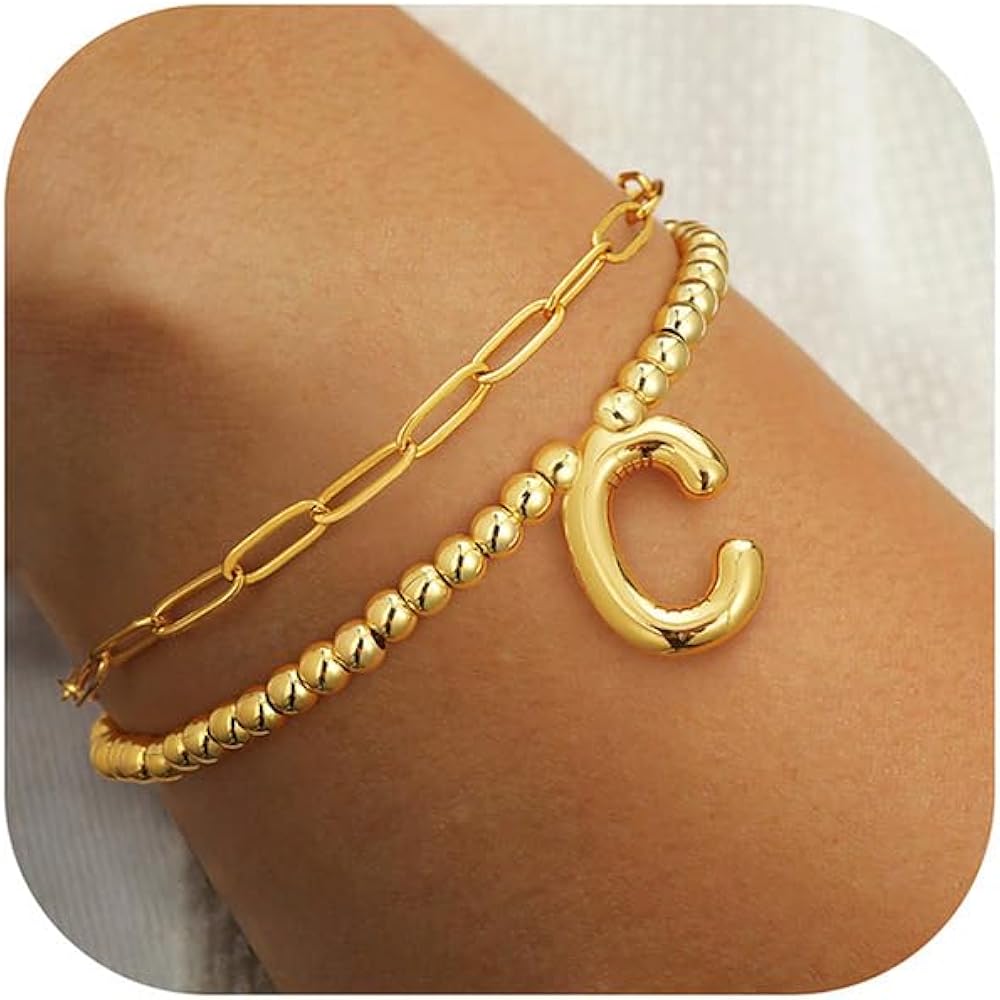 Turandoss 14K Gold Plated Bilayer Bracelets - A-Z Letter Bubble Bracelets for Women Trendy, Bilayer Bracelet (Wearable Separately), 2024 Christmas Gifts/Birthday Gifts Ideas, Gold Jewelry