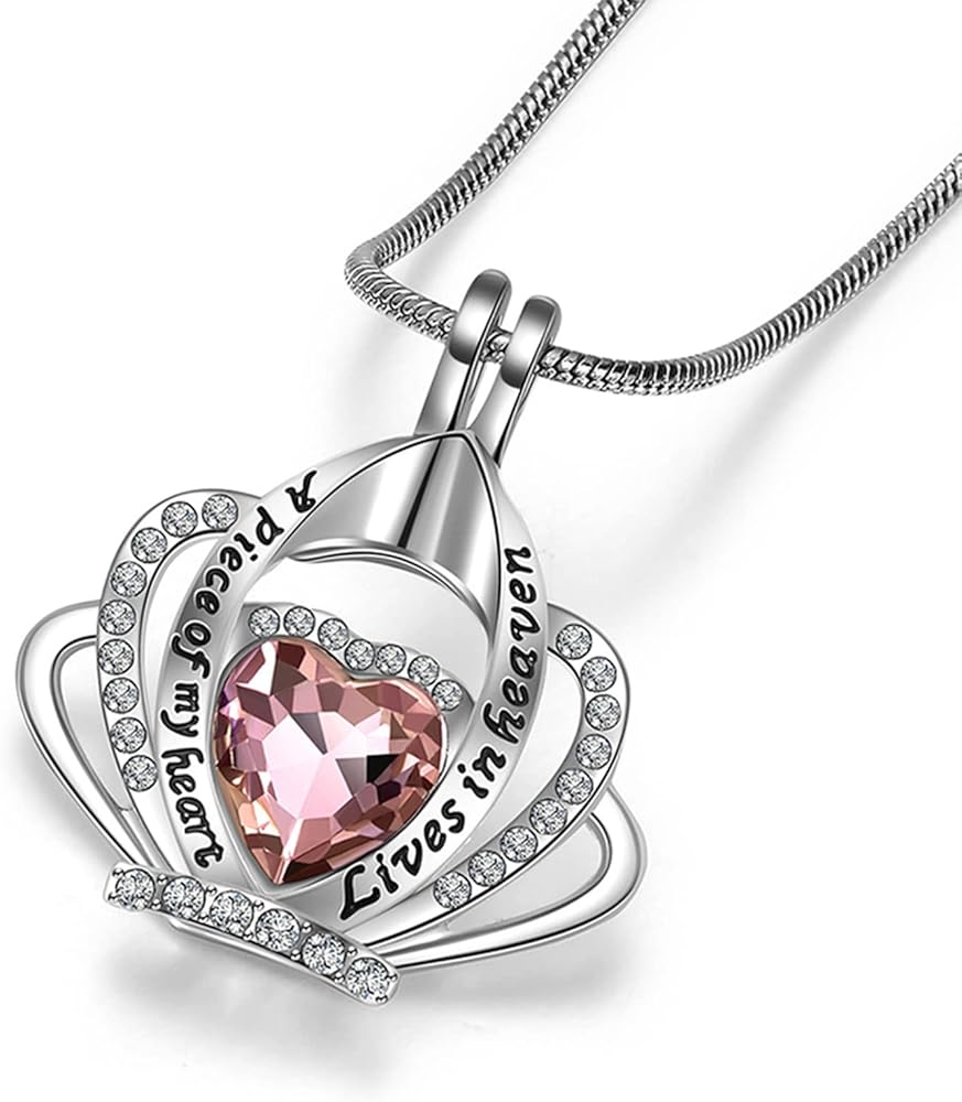 Crystals Cremation Jewelry for Ashes A piece of my heart Live in heaven Crown Heart Memorial Urn Necklace Keepsake Pendant for Women Girl