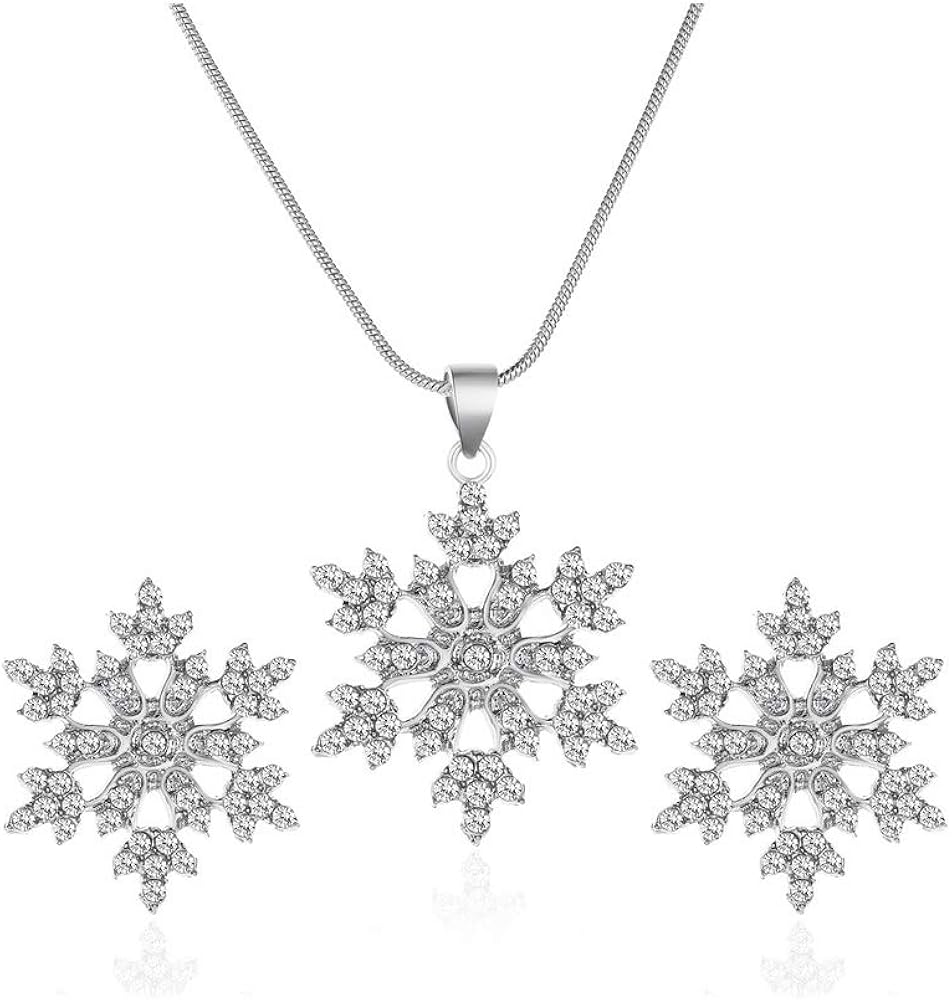 WLLAY White Crystal Snowflake Flower Necklace Stud Earrings,Christmas Snowflake Jewelry Set for Women Girls