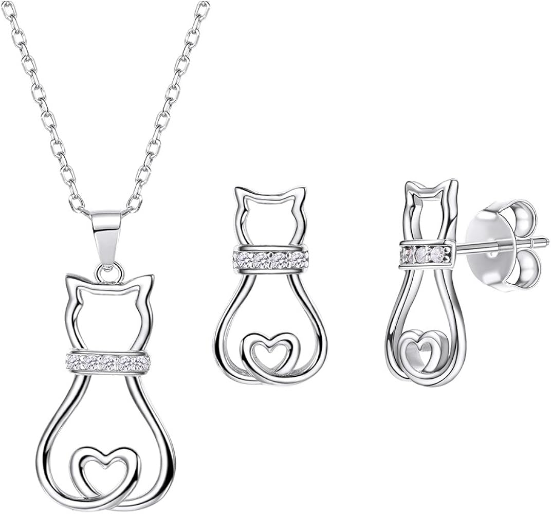 SILVERCUTE 925 Sterling Silver Cute Cat Necklace Earrings Stacking Ring Jewelry Set for Women Girls Pet Lover