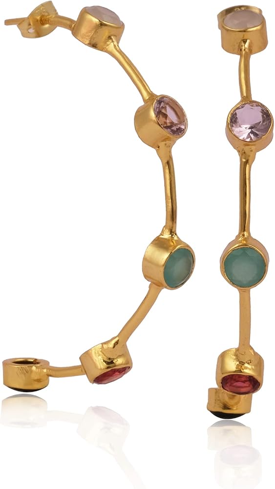 Multi Gemstone Statement Push Back Jewelry | Wholesale Handmade Hoop Stud Earring | Brass Gold Plated Round Shape Dangle Earring | 259723