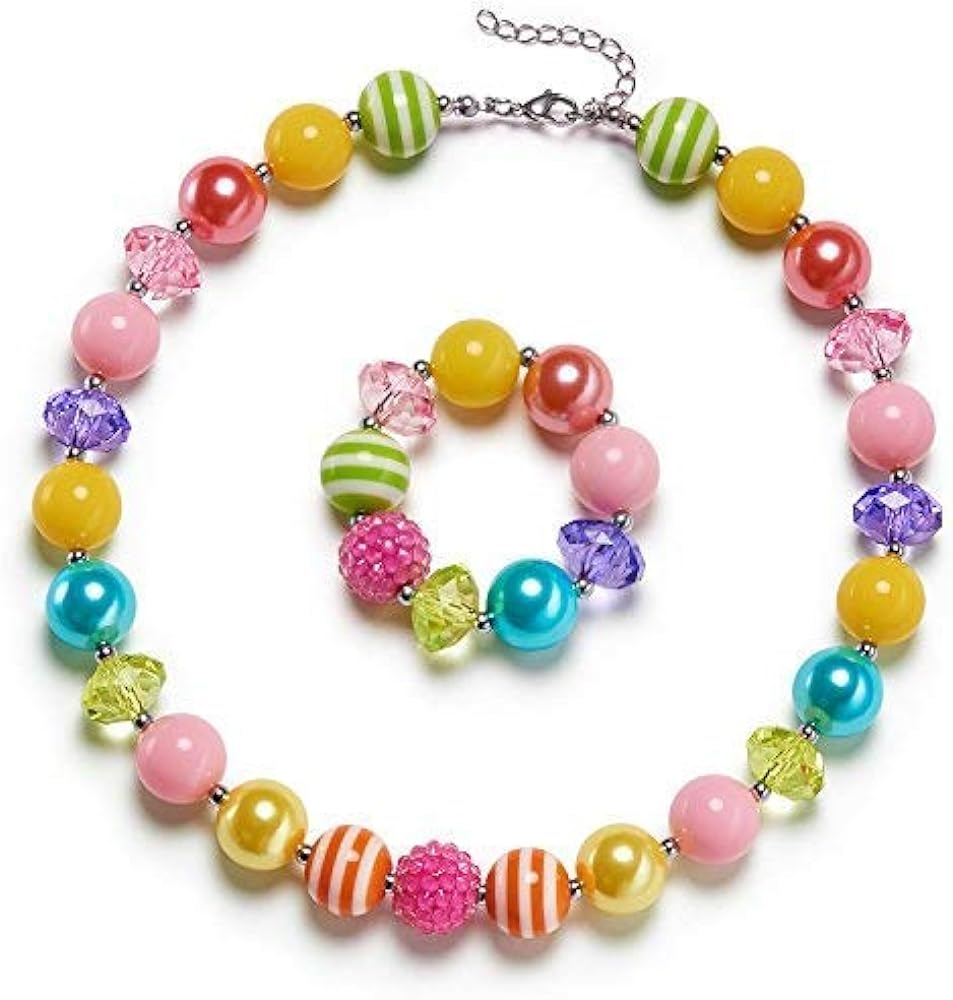 VCMART Rose Girls Cute Chunky Bubblegum Necklace and Bracelet Set Girls' Birthdays Day Gift Rainbow Amulet Teardrop Amethyst Pendants Necklace Bracelet