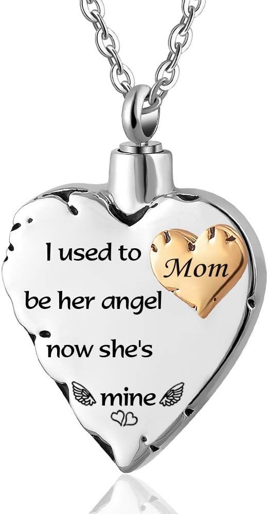 weikui Heart Pendant Cremation Necklace Memorial Keepsake Jewelry - Engraved I Used to be his Angel, Now He's Mine