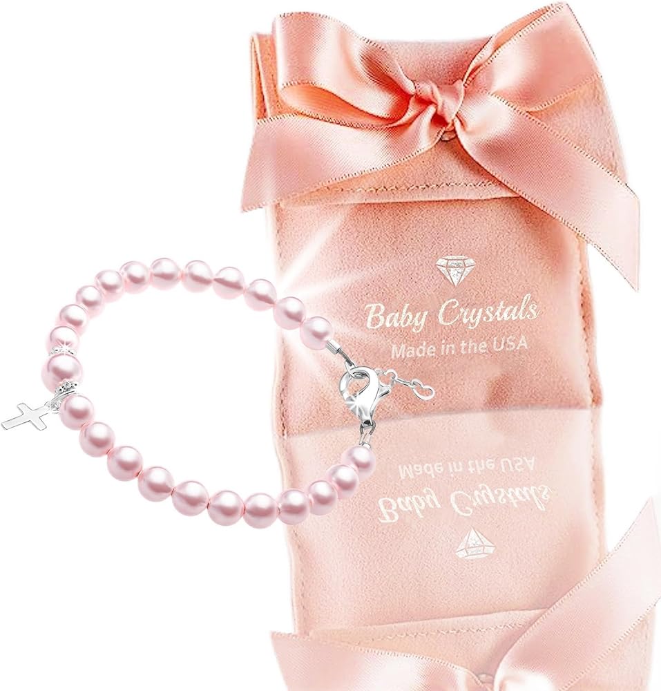 Elegant Pink Pearl Beaded Bracelets, Christening Gifts for Girls,925 Sterling Silver Cross Charm Bracelet, Baptism Gifts for Girl, Kids Keepsake Birthday Gift