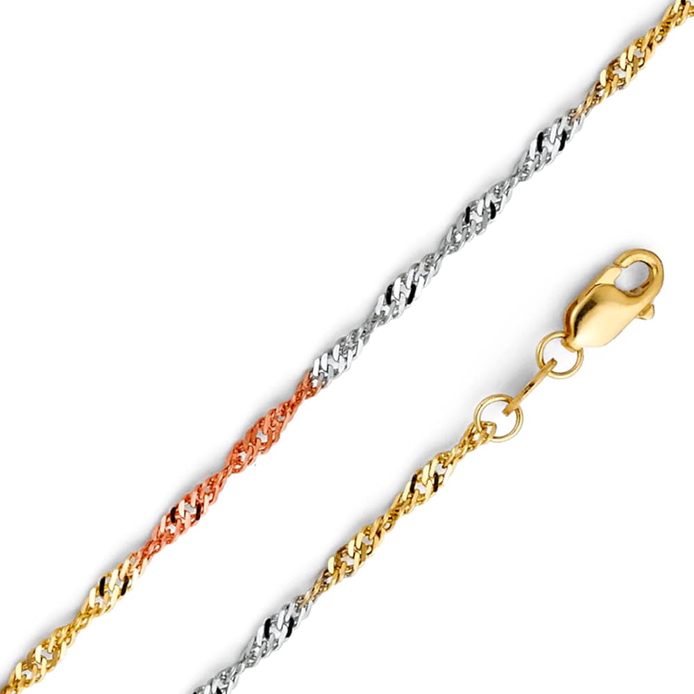 14K Tri Color Gold 1.8mm Singapore Chain for Men and Women | 14K Solid Gold Spring Ring Jewelry for Men’s Women’s Girls | Jewelry Gift Box | Gift for Her | Gold Bracelet