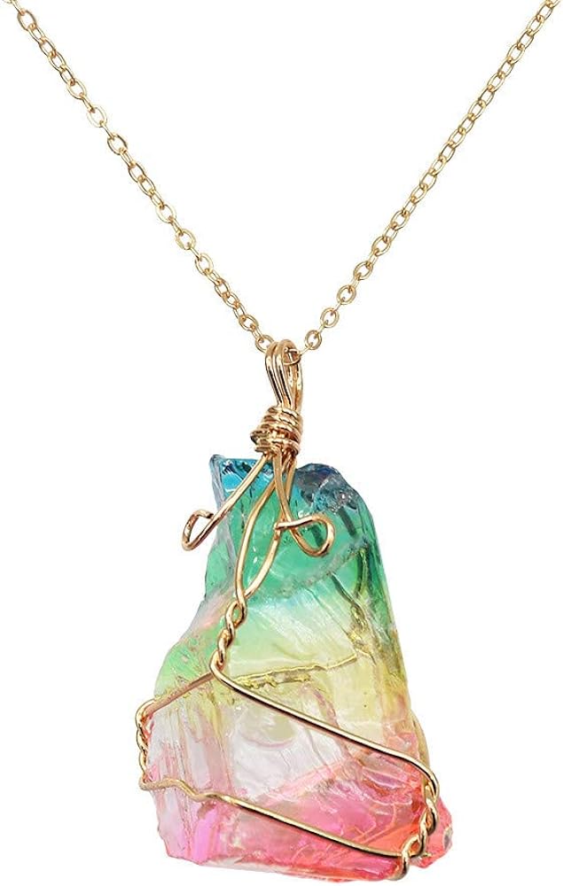 Natural Rainbow Stone Healing Crystal Rock Quartz Pendant Necklace Birthstone Gold Plated Full Wire Wrap Gemstone Necklace Jewelry