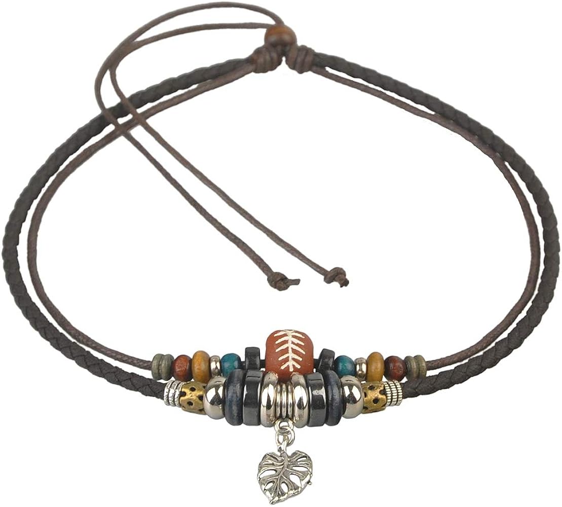 Ancient Tribe Adjustable Hemp Leather Beads Choker Necklace