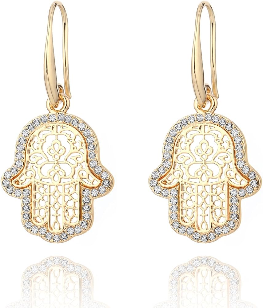 Dangle Earring for Women,Hamsa Hand Drop Earring Girls Gold and Silver Earrings with CZ Crystal Stainless Steel Hook Earring (Gold Plated)