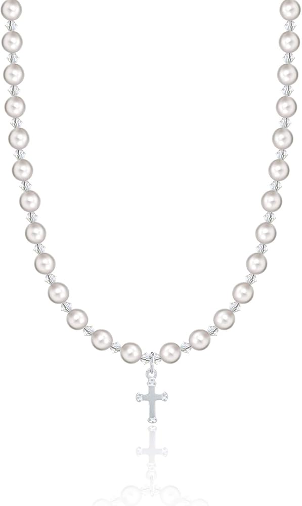 Christening Sterling Silver Child Necklace with Cross Charm and White European Simulated Pearls and Crystals (NCRSE)