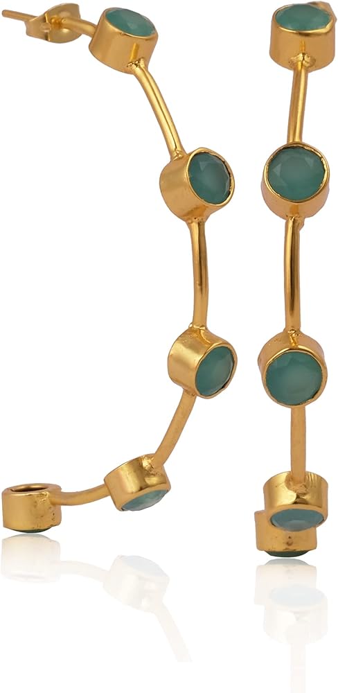 Round Shape Brass Gold Plated Statement Dangle Earring | Handmade Wholesale Stud Push Back Earring | Faceted-Cut Gemstone Aqua Chalcedony Jewelry | 259722