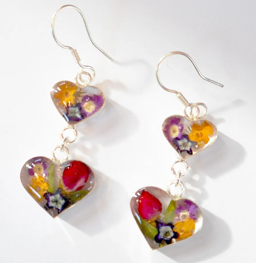 Silver 925 dried pressed flower 2 heart dangle earrings multicolor