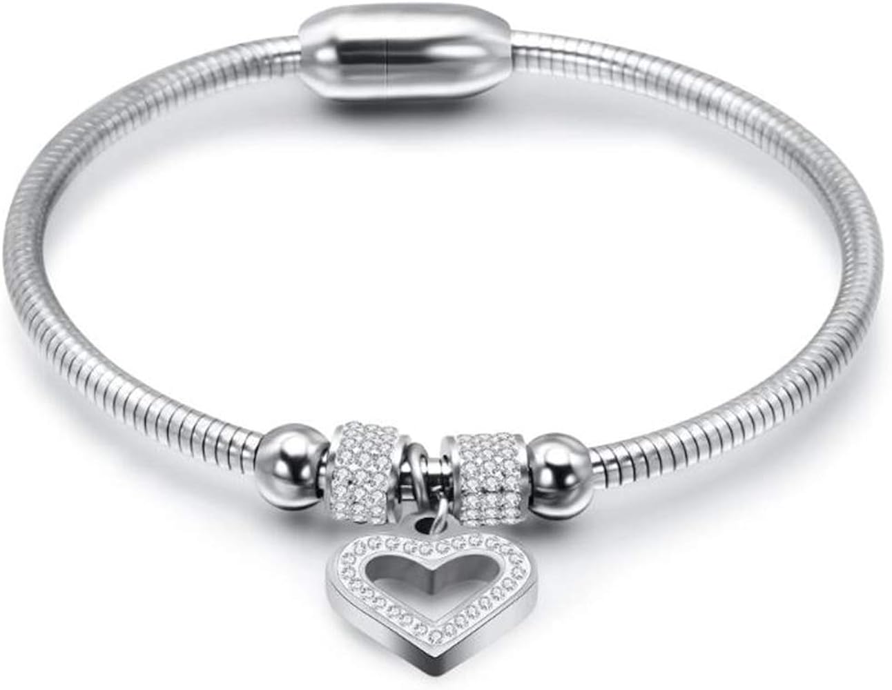 Jude Jewelers Stainless Steel Heart Charm Cubic Zircon Anniversary Valentine Bangle Bracelet