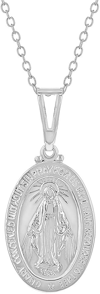 925 Sterling Silver 19" Oval Shape Miraculous Virgin Mary Catholic Medallion Necklace - Religious Christian Faith Medal Charm Necklaces for Young Girls & Teens - Timeless & Elegant Jewelry for Girls