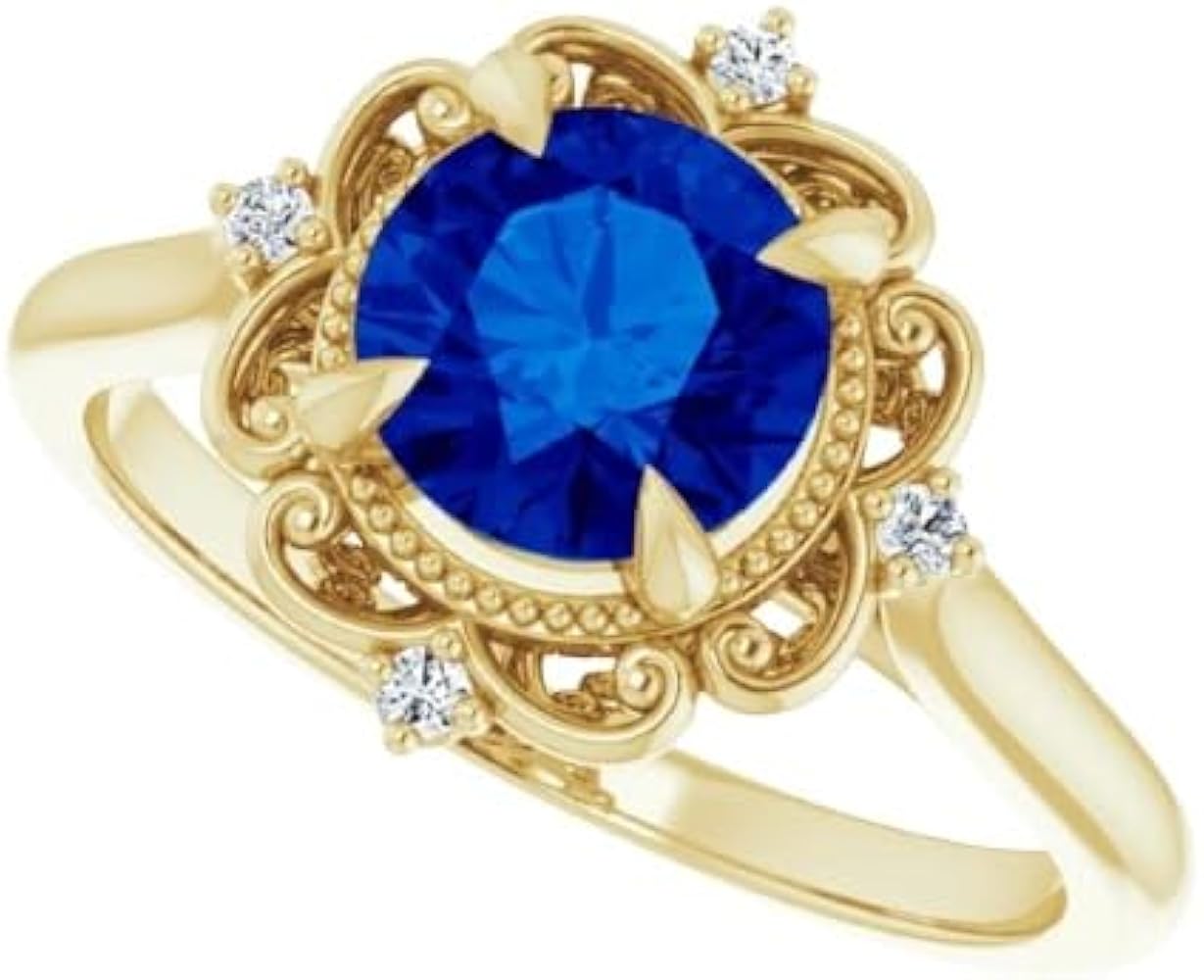 Generic 18K Yellow Gold 1.5 CT Round Blue Sapphire Ring Engagement Ring Filigree Sapphire Ring Gemstone Ring Anniversary Promise Ring Jewelry